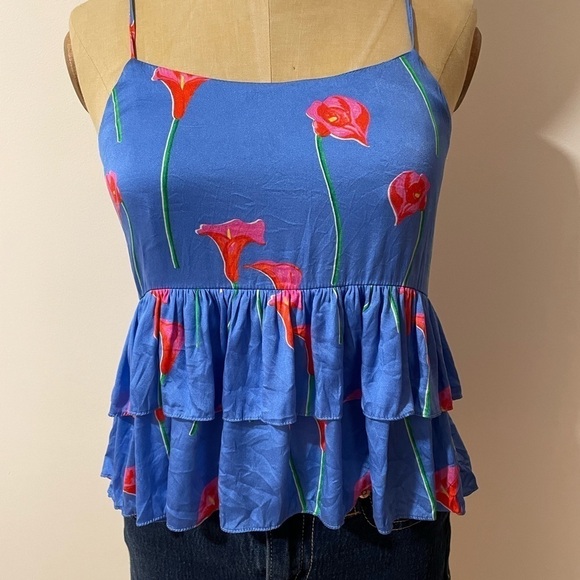 Caroline Constas Silk Top Med Softgirl Nadine Ruffle Floral Tank Print Blue - Picture 2 of 13